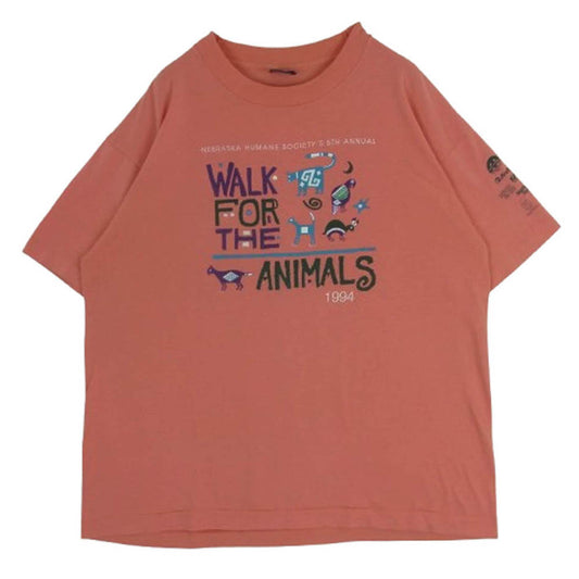 ヴィンテージ 90s USA製 FRUIT OF THE LOOM 黒タグ プリント 半袖 Tシャツ オレンジ系 コーラル系 XL【中古】