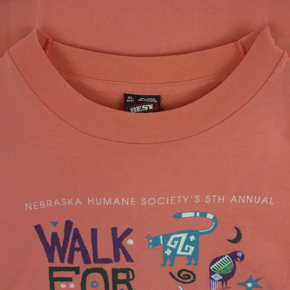 ヴィンテージ 90s USA製 FRUIT OF THE LOOM 黒タグ プリント 半袖 Tシャツ オレンジ系 コーラル系 XL【中古】