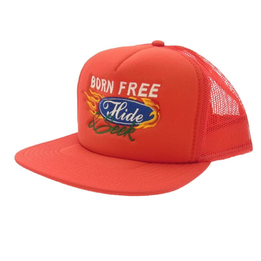 HideandSeek ハイドアンドシーク BORN FREE tracker cap ロゴ刺繍 メッシュ切替 トラッカーキャップ 帽子 レッド系【新古品】【未使用】【中古】