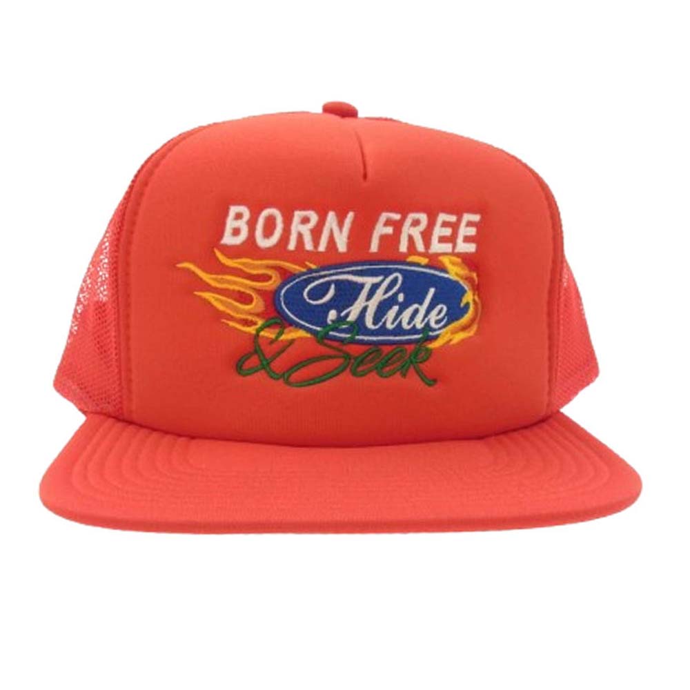 HideandSeek ハイドアンドシーク BORN FREE tracker cap ロゴ刺繍 メッシュ切替 トラッカーキャップ 帽子 レッド系【新古品】【未使用】【中古】