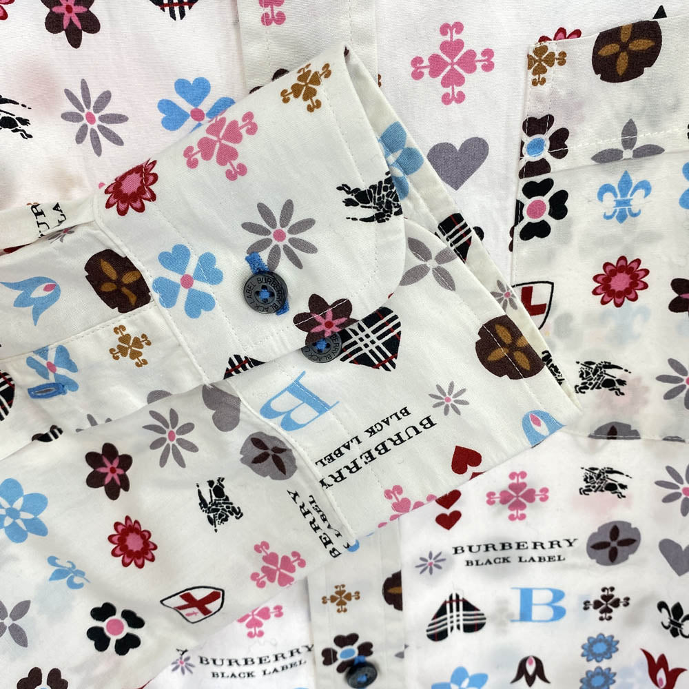 BURBERRY BLACK LABEL バーバリーブラックレーベル BMW12-002-02 モノグラム 総柄 レギュラーカラー 長袖 シャツ ホワイト系 35【中古】