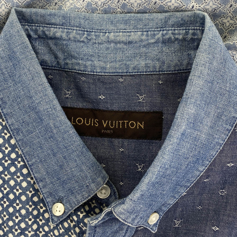 LOUIS VUITTON ルイ・ヴィトン 総柄 モノグラム パッチワーク ボタンダウン デニム 長袖 シャツ インディゴブルー系 L5【中古】