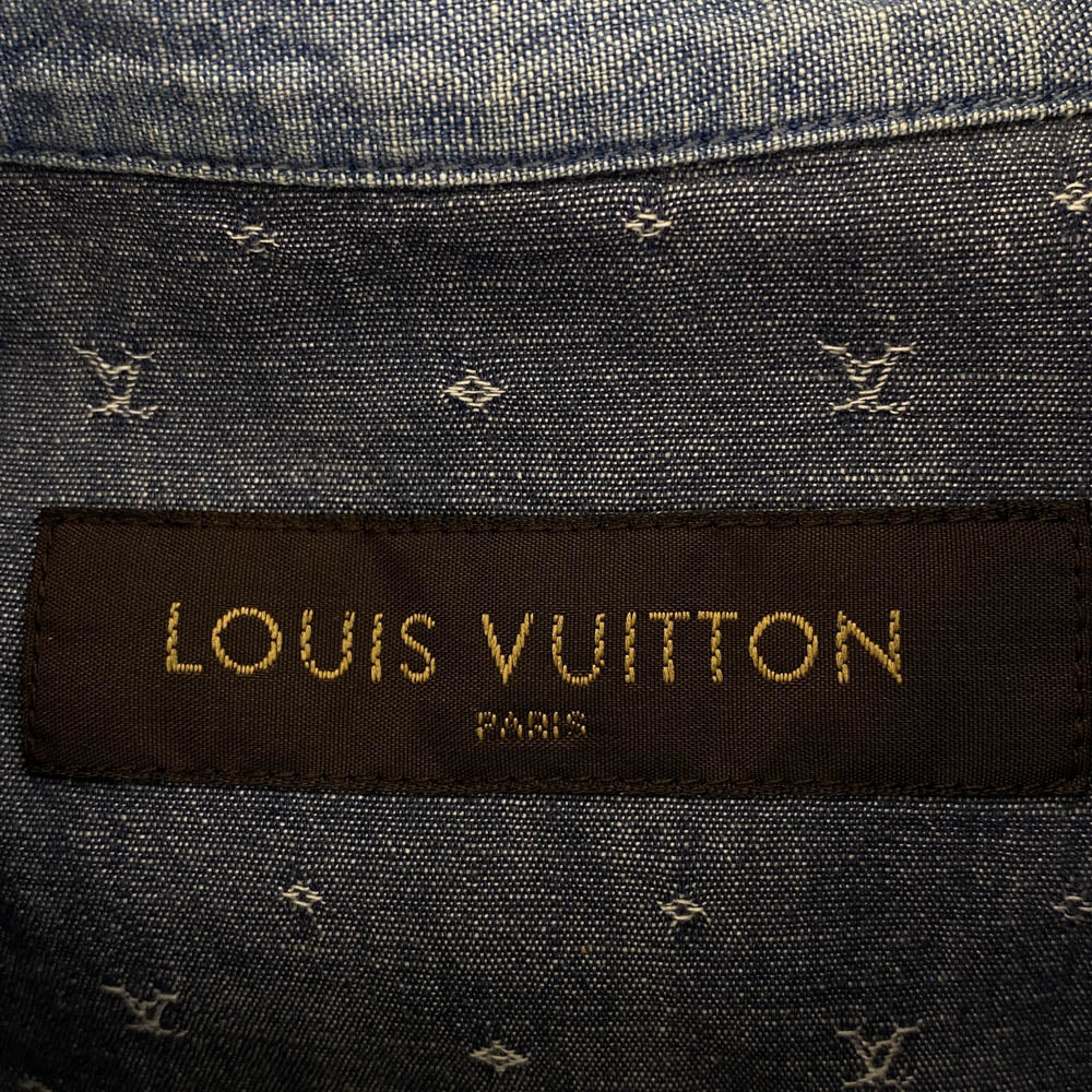 LOUIS VUITTON ルイ・ヴィトン 総柄 モノグラム パッチワーク ボタンダウン デニム 長袖 シャツ インディゴブルー系 L5【中古】