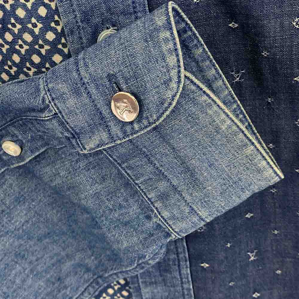 LOUIS VUITTON ルイ・ヴィトン 総柄 モノグラム パッチワーク ボタンダウン デニム 長袖 シャツ インディゴブルー系 L5【中古】