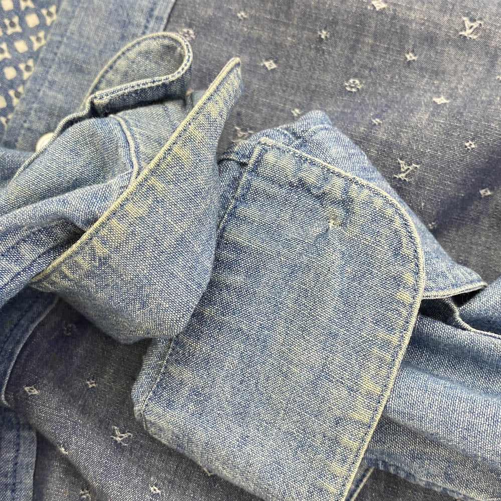 LOUIS VUITTON ルイ・ヴィトン 総柄 モノグラム パッチワーク ボタンダウン デニム 長袖 シャツ インディゴブルー系 L5【中古】