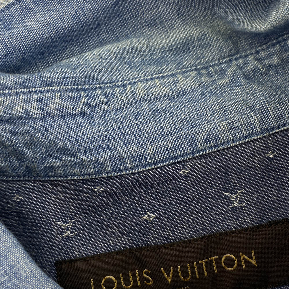 LOUIS VUITTON ルイ・ヴィトン 総柄 モノグラム パッチワーク ボタンダウン デニム 長袖 シャツ インディゴブルー系 L5【中古】