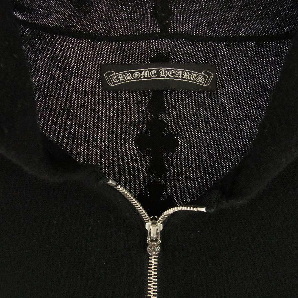 CHROME HEARTS クロムハーツ（原本無） カシミヤ100% クロスボールジップ バックレザークロスパッチ ハーフジップ パーカー ブラック系【中古】