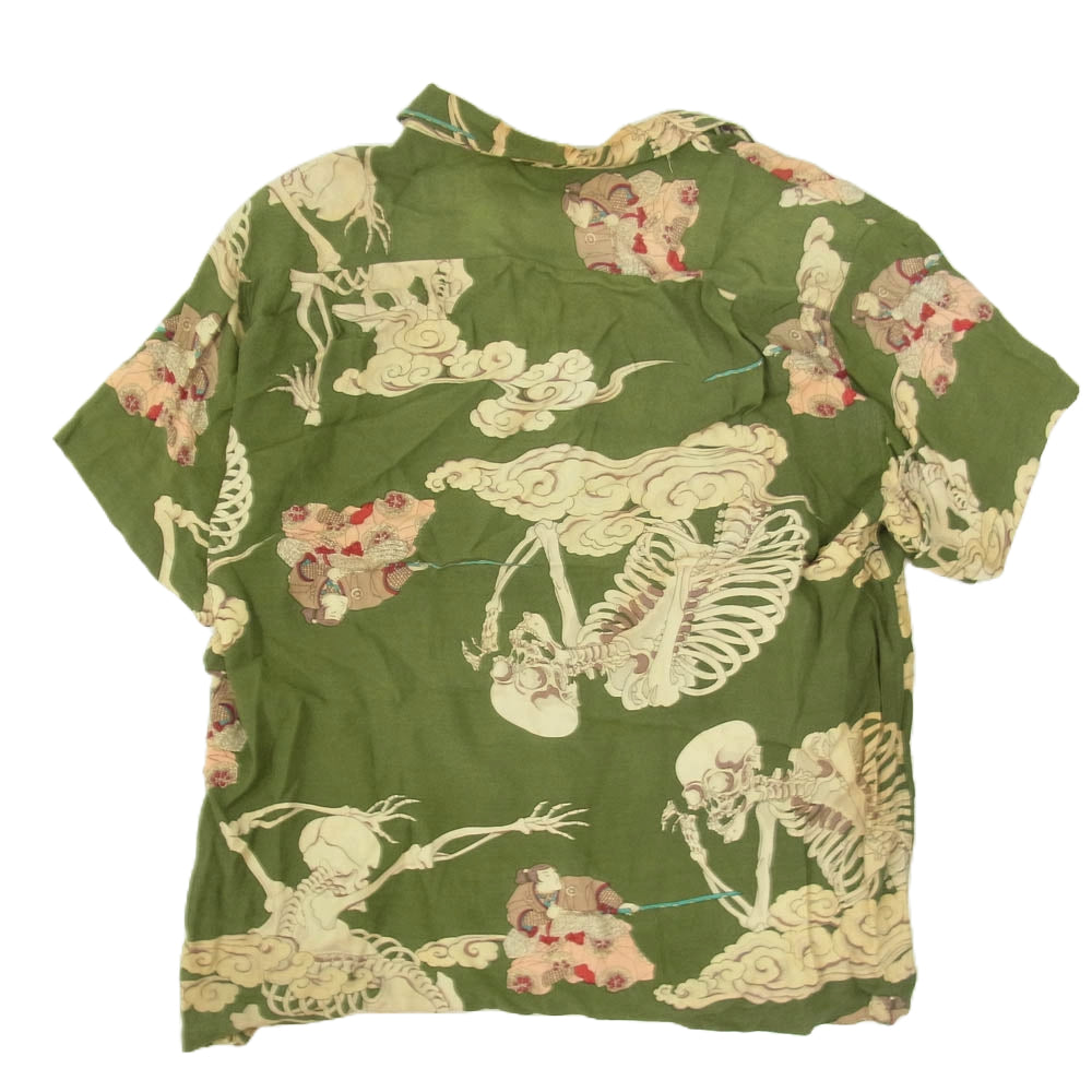 ドライボーンズ 歌川国芳 浮世絵 相馬の古内裏 総柄 骸骨 がしゃどくろ スカル オープンカラー レーヨン 半袖 シャツ グリーン系 M【中古】