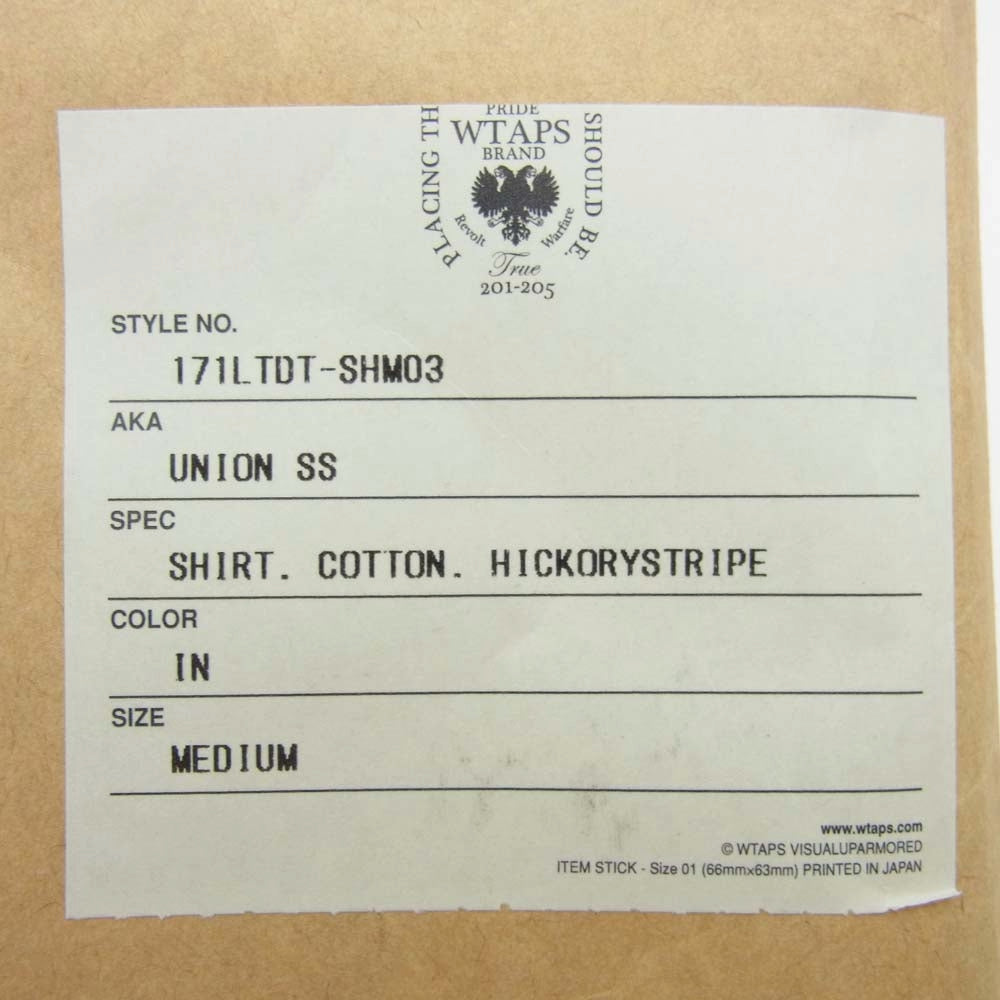 WTAPS ダブルタップス 17SS 171LTDT-SHM03 UNION SS/SHIRT.COTTON ヒッコリーストライプ ユニオン ワーク シャツ インディゴブルー系 M【中古】