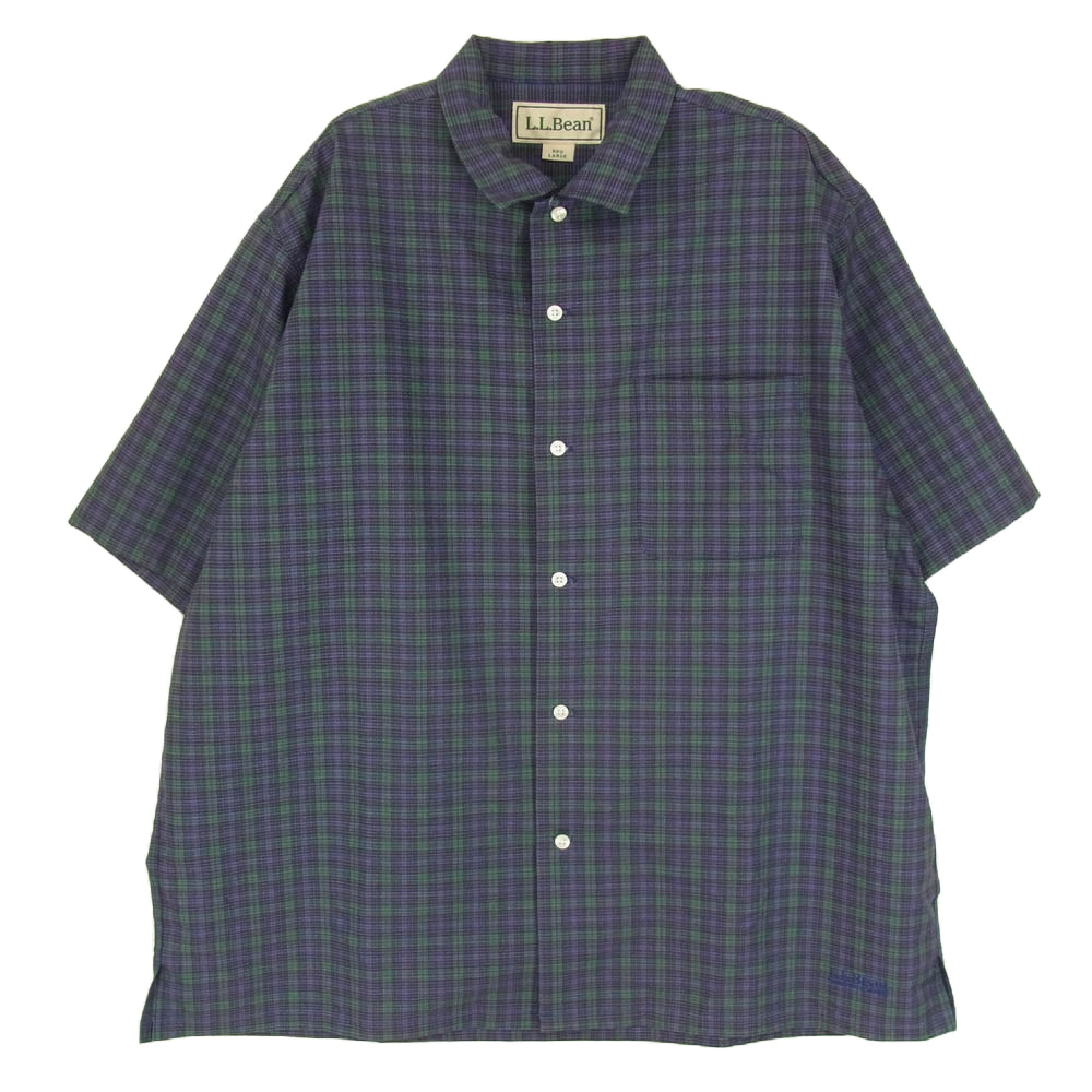 L.L.Bean エルエルビーン 3275-2034 ロゴ刺繍 オープンカラー 開襟 半袖 チェック シャツ ネイビー系 L【中古】