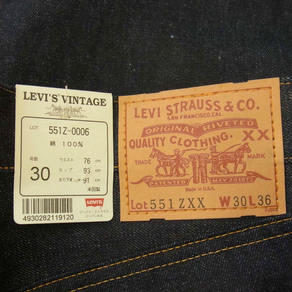 Levi's リーバイス 1998年製 551Z-0006 デッドストック 60s復刻 USA製 バレンシア工場 551ZXX BIGE ビッグE Vステッチ ボタン裏555刻印 赤耳 ジップフライ デニム パンツ インディゴブルー系 30【新古品】【未使用】【中古】