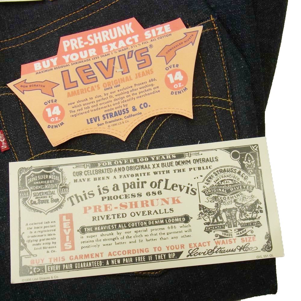 Levi's リーバイス 1998年製 551Z-0006 デッドストック 60s復刻 USA製 バレンシア工場 551ZXX BIGE ビッグE Vステッチ ボタン裏555刻印 赤耳 ジップフライ デニム パンツ インディゴブルー系 30【新古品】【未使用】【中古】