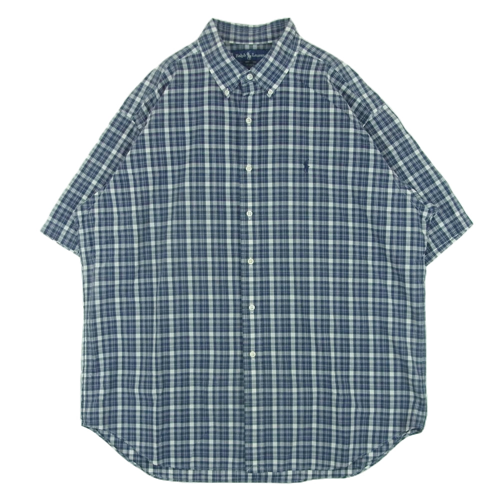POLO RALPH LAUREN ポロ・ラルフローレン BLAKE ポニーロゴ刺繍 半袖 チェック シャツ ネイビー系 ホワイト系 XL【中古】