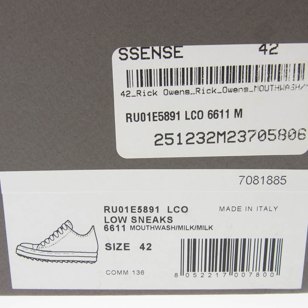 Rick Owens リックオウエンス RU01E5891-LCO LOW SNEAKS ロー スニーカーズ ラモーンズ レザー スニーカー ライトグリーン系 42【中古】