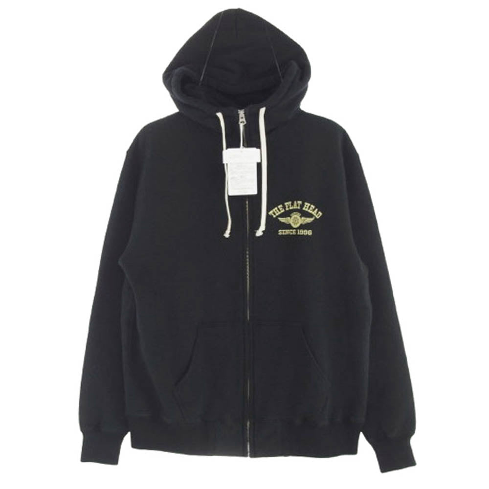 THE FLAT HEAD ザフラットヘッド FN-MHZP-001 HIGH NECK SWEAT PARKA FLYING WHEEL ハイネック スウェット ロゴ プリント フルジップ パーカー ブラック系 L【中古】