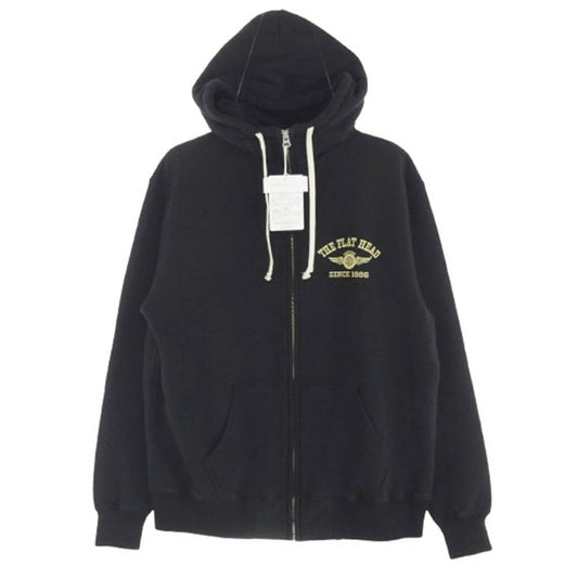 THE FLAT HEAD ザフラットヘッド FN-MHZP-001 HIGH NECK SWEAT PARKA FLYING WHEEL ハイネック スウェット ロゴ プリント フルジップ パーカー ブラック系 L【中古】