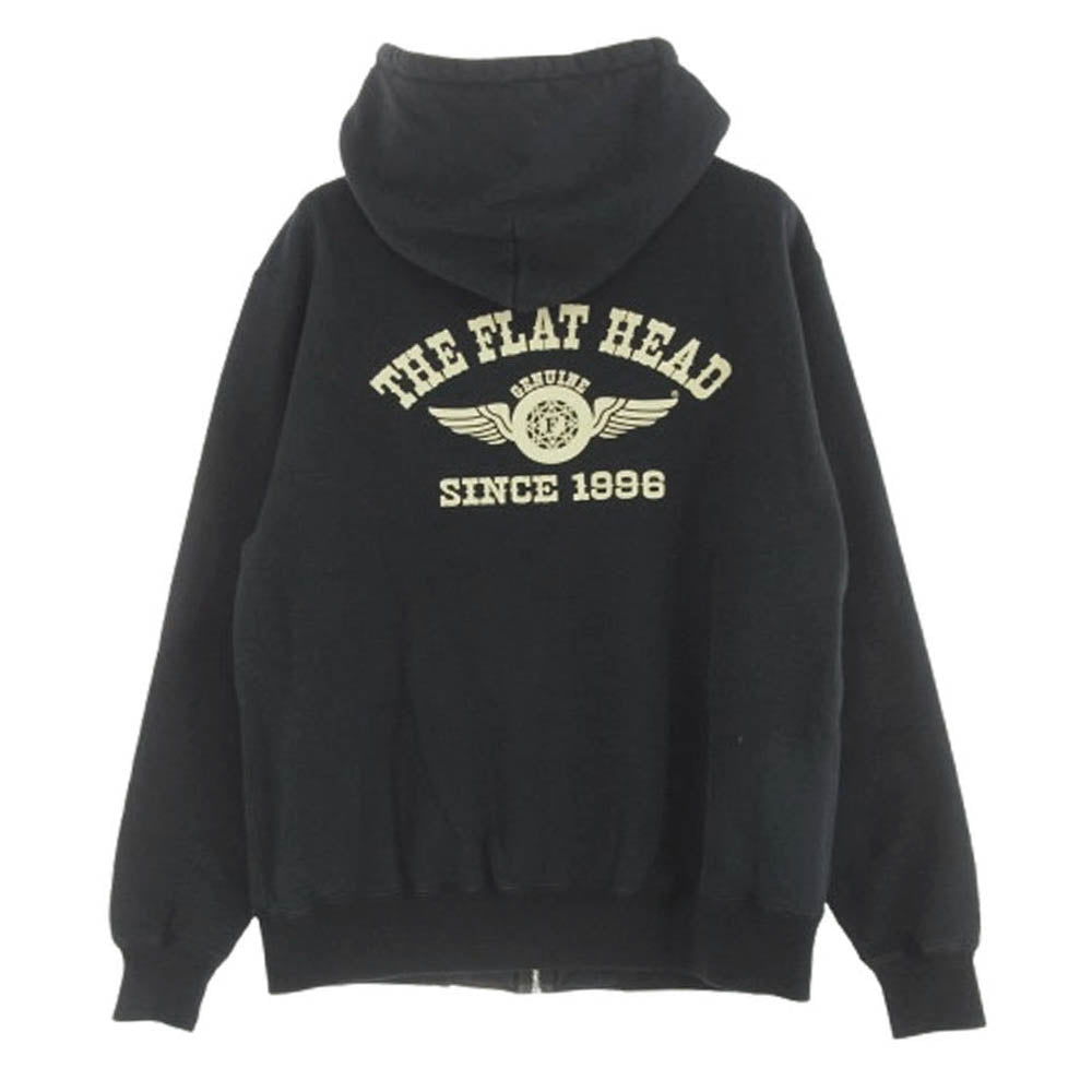 THE FLAT HEAD ザフラットヘッド FN-MHZP-001 HIGH NECK SWEAT PARKA FLYING WHEEL ハイネック スウェット ロゴ プリント フルジップ パーカー ブラック系 L【中古】