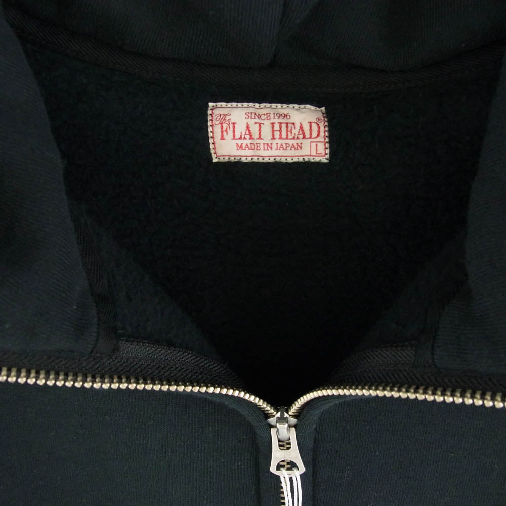 THE FLAT HEAD ザフラットヘッド FN-MHZP-001 HIGH NECK SWEAT PARKA FLYING WHEEL ハイネック スウェット ロゴ プリント フルジップ パーカー ブラック系 L【中古】