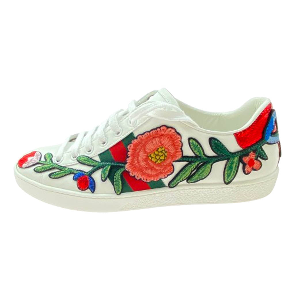 GUCCI グッチ 431917 フラワー 刺繍 エンブロイダリー エース レザー スニーカー ホワイト系 37.5【美品】【中古】
