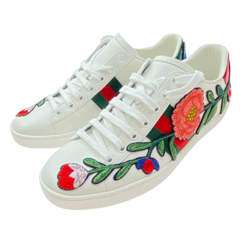 GUCCI グッチ 431917 フラワー 刺繍 エンブロイダリー エース レザー スニーカー ホワイト系 37.5【美品】【中古】