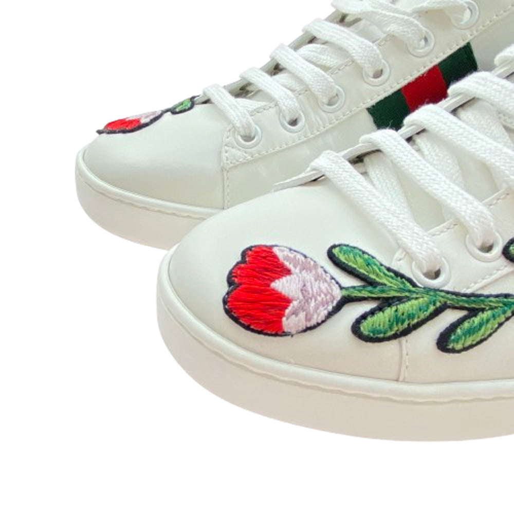GUCCI グッチ 431917 フラワー 刺繍 エンブロイダリー エース レザー スニーカー ホワイト系 37.5【美品】【中古】