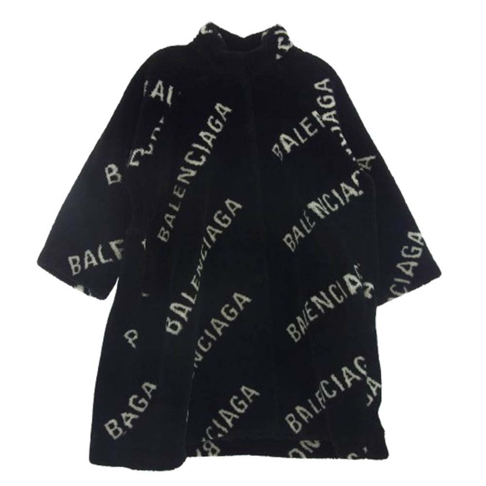 BALENCIAGA バレンシアガ 19AW 583846 TGQ02 ロゴ総柄 ボア 内キルティング 中綿 コート ブラック系 34【美品】【中古】
