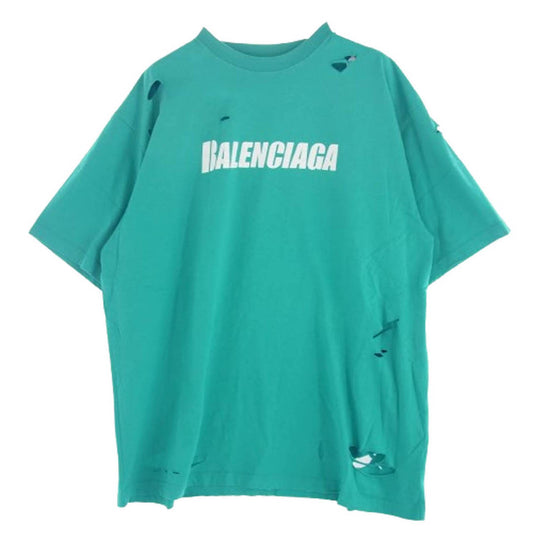 BALENCIAGA バレンシアガ 21SS 651795 TKVB8 Caps Destroyed Flatground Tee デストロイ加工 ロゴ クルーネック Tシャツ ライトグリーン系 M【新古品】【未使用】【中古】