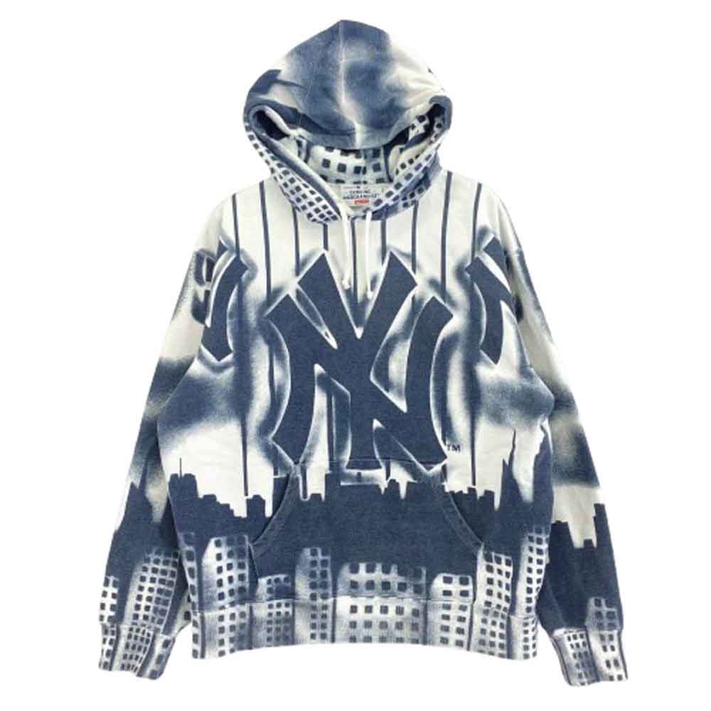 Supreme シュプリーム 21AW New York Yankees Airbrush Hooded Sweatshirt ニューヨーク ヤンキース プルオーバー パーカー ネイビー ホワイト L【中古】
