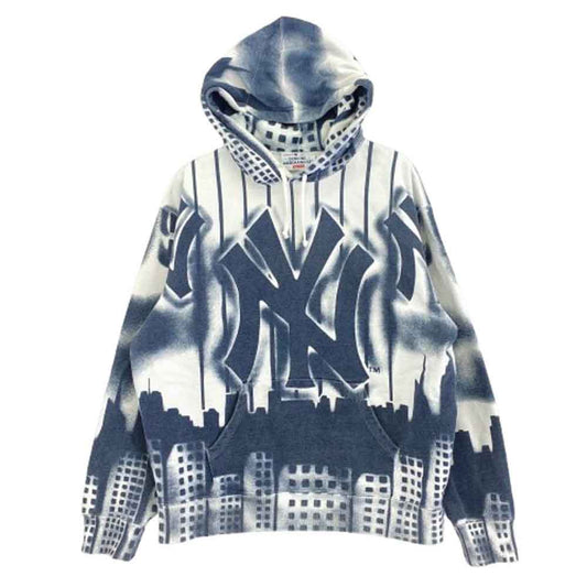 Supreme シュプリーム 21AW New York Yankees Airbrush Hooded Sweatshirt ニューヨーク ヤンキース プルオーバー パーカー ネイビー ホワイト L【中古】