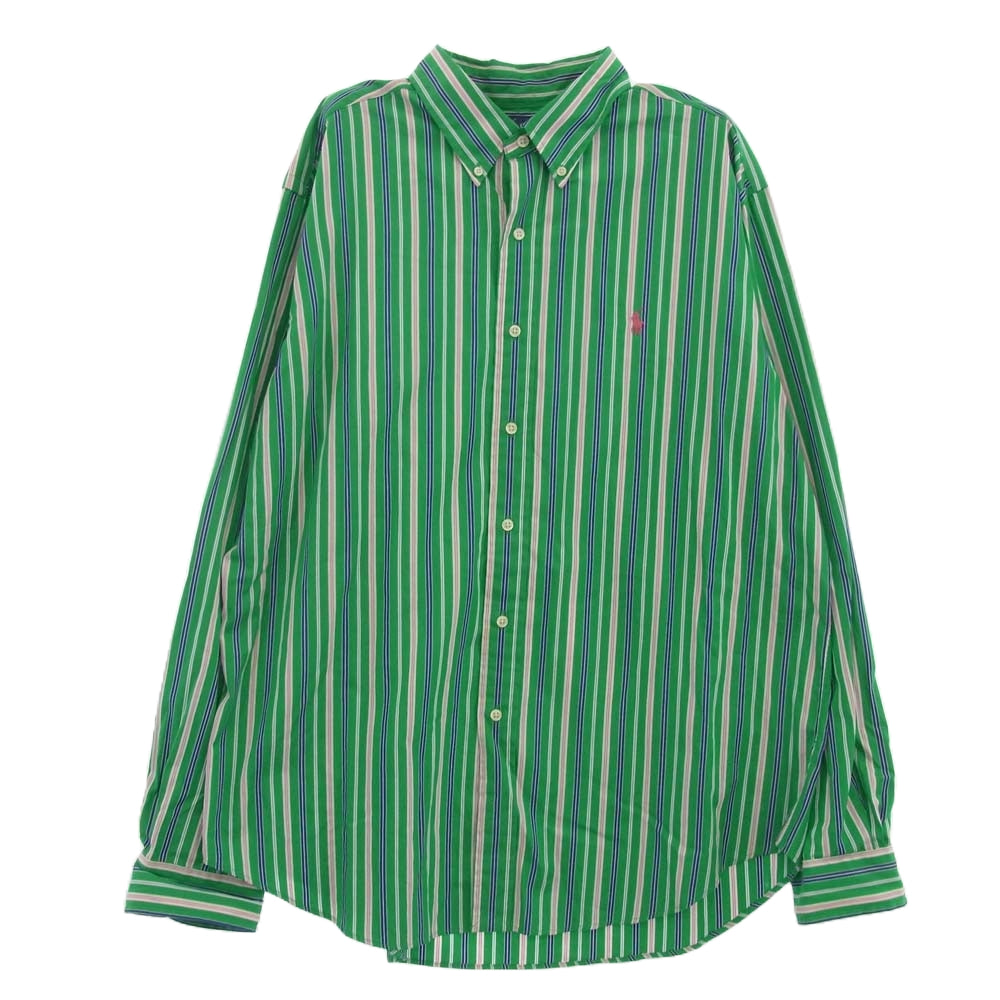 POLO RALPH LAUREN ポロ・ラルフローレン 90’s ボタンダウン ストライプ 長袖シャツ グリーン系 XL【中古】