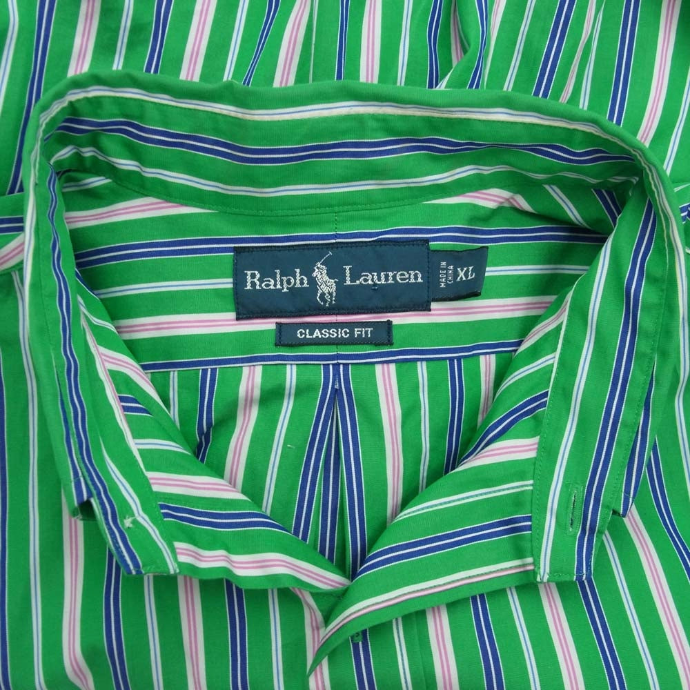 POLO RALPH LAUREN ポロ・ラルフローレン 90’s ボタンダウン ストライプ 長袖シャツ グリーン系 XL【中古】