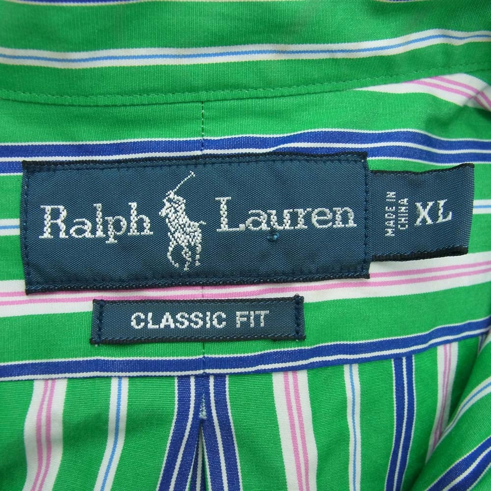 POLO RALPH LAUREN ポロ・ラルフローレン 90’s ボタンダウン ストライプ 長袖シャツ グリーン系 XL【中古】