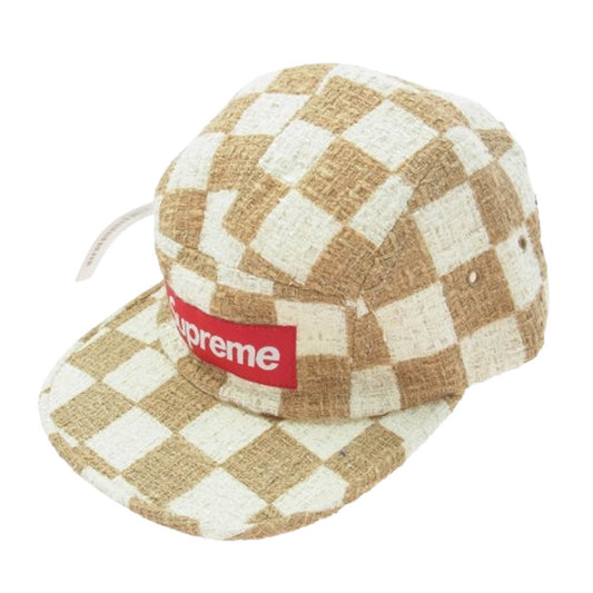 Supreme シュプリーム 19SS Checkerboard Boucle Camp Cap チェック柄 ボックスロゴ キャンプキャップ 帽子 ブラウン系 オフホワイト系【極上美品】【中古】