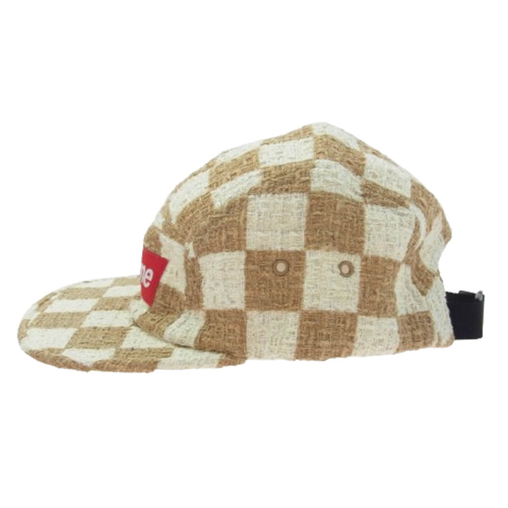 Supreme シュプリーム 19SS Checkerboard Boucle Camp Cap チェック柄 ボックスロゴ キャンプキャップ 帽子 ブラウン系 オフホワイト系【極上美品】【中古】