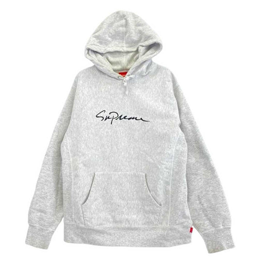 Supreme シュプリーム 18AW Classic Script Hooded Sweatshirt クラシック スプリクトロゴ刺繍 プルオーバースウェットパーカー フーディー グレー系 M【中古】