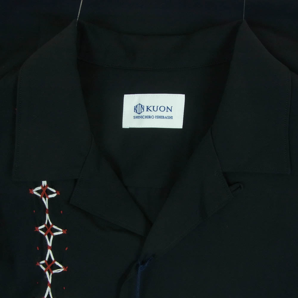 KUON クオン 115SH111800 Sashiko Camp Collar Shirt  刺し子 オープンカラー レーヨン 半袖 シャツ ブラック系 M【極上美品】【中古】