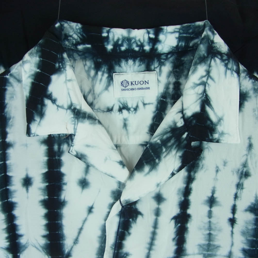 KUON クオン 115SH061400 Arimatsu Shibori Camp Collar Shirt 有松絞り オープンカラー 半袖 シャツ ブラック系 ホワイト系 09 L【極上美品】【中古】