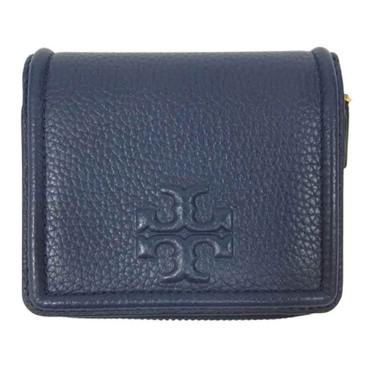 Tory Burch トリーバーチ 2つ折り レザー ジップ ウォレット ネイビー系【中古】