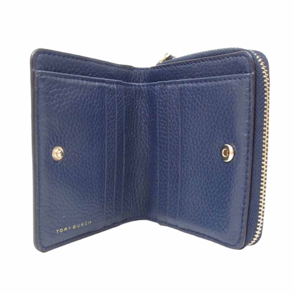 Tory Burch トリーバーチ 2つ折り レザー ジップ ウォレット ネイビー系【中古】