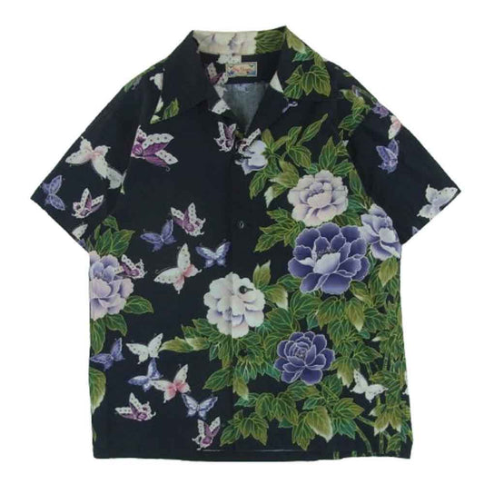 ドライボーンズ 蝶 花柄 プリント オープンカラー アロハ 半袖 シャツ ダークネイビー系 黒に近いダークネイビー系 36 S【中古】