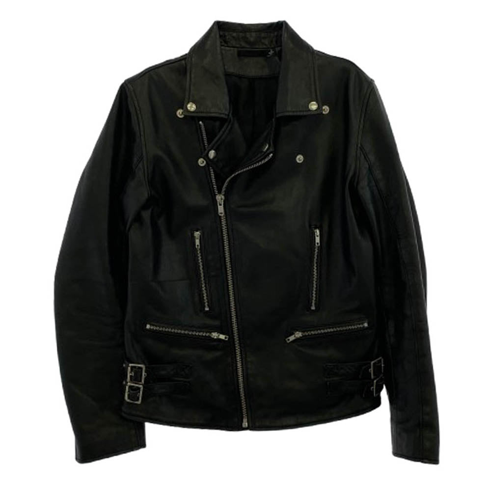 ブラックデニム サイドベルト ダブル ライダース レザー ジャケット ブラック系 S【中古】
