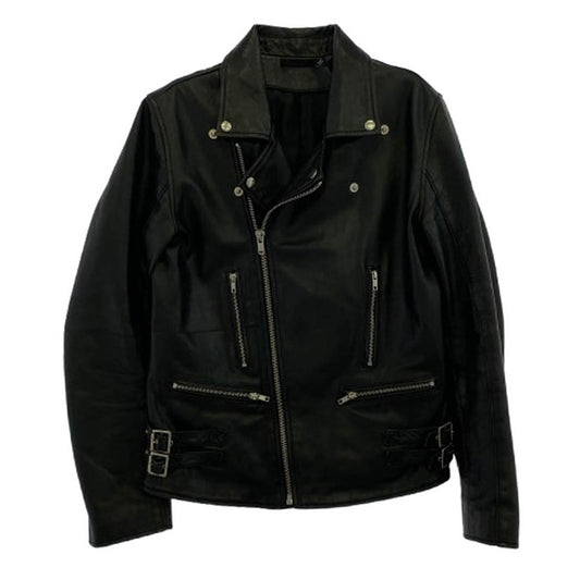 ブラックデニム サイドベルト ダブル ライダース レザー ジャケット ブラック系 S【中古】