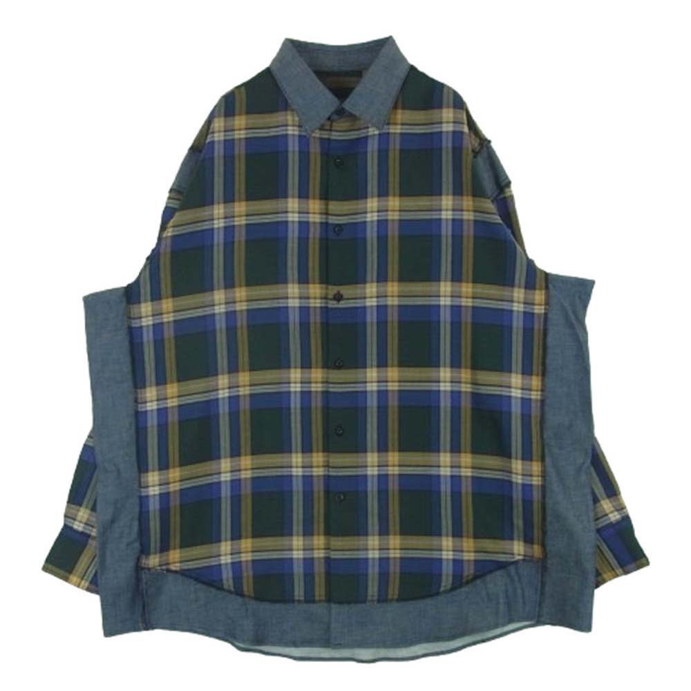 N.HOOLYWOOD エヌハリウッド 切替 チェック 長袖 ビッグ シャツ 日本製 グリーン系 グレー系 ブルー系 40【美品】【中古】