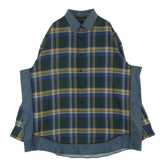 N.HOOLYWOOD エヌハリウッド 切替 チェック 長袖 ビッグ シャツ 日本製 グリーン系 グレー系 ブルー系 40【美品】【中古】