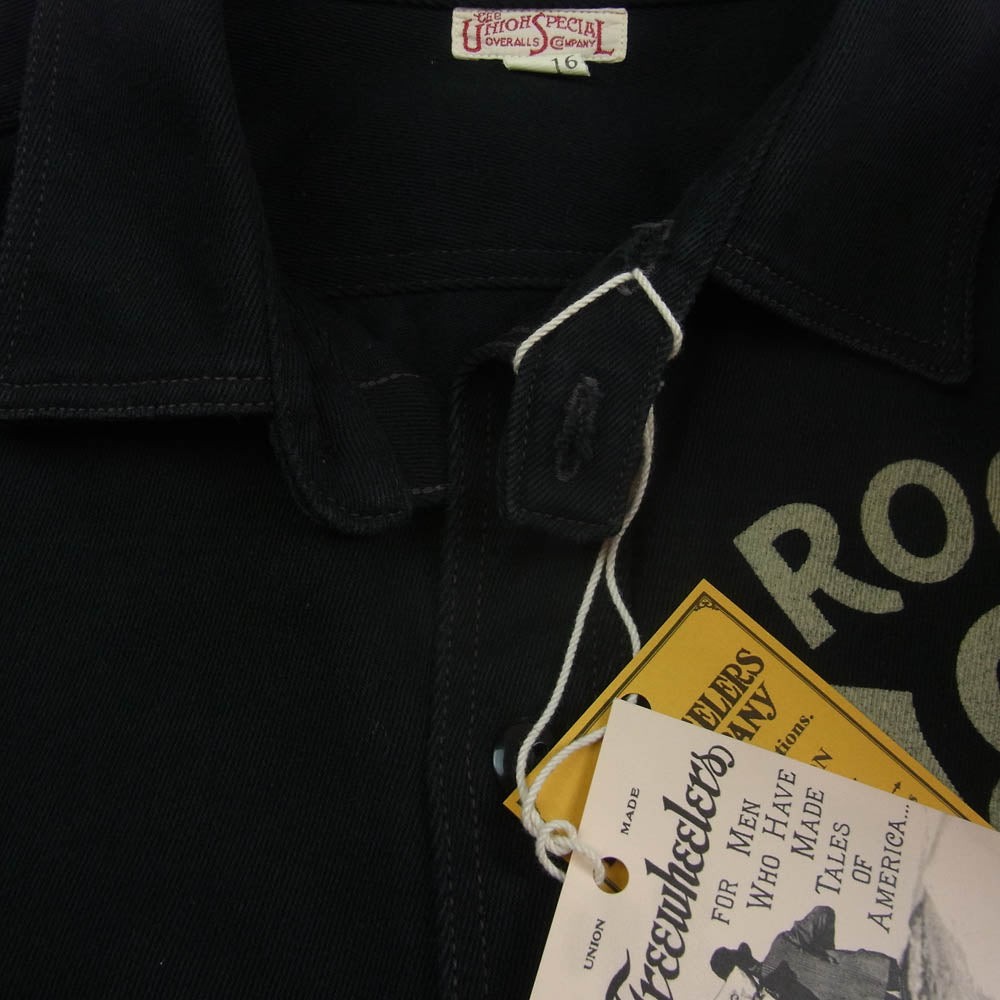 FREEWHEELERS フリーホイーラーズ 2433004 ROGER 8 Gemsa COTTON HARD TWIST KERSEY JET BLACK 1930s STYLE プリント 長袖 ワーク シャツ ブラック系 16【中古】
