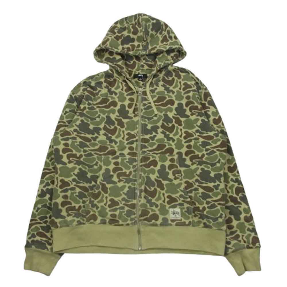 STUSSY ステューシー 22SS 118466 CAMO DOUBLE FACE ZIP ダブルフェイス カモフラ フルジップ パーカー フーディ グリーン系 L【中古】