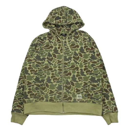 STUSSY ステューシー 22SS 118466 CAMO DOUBLE FACE ZIP ダブルフェイス カモフラ フルジップ パーカー フーディ グリーン系 L【中古】