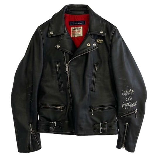 COMME des GARCONS コムデギャルソン AD2018 KZ-J001 × Lewis Leathers ルイスレザー LIVE FREE DIE STRONG ダブルライダース レザー ジャケット ブラック系 38【中古】