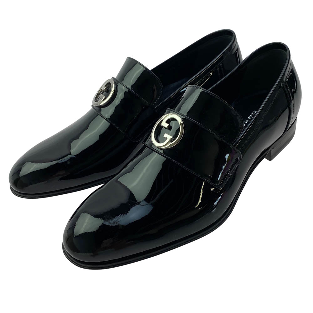 GUCCI グッチ 730134 インターロッキングG エナメル ローファー シューズ ブラック系 7.5【新古品】【未使用】【中古】