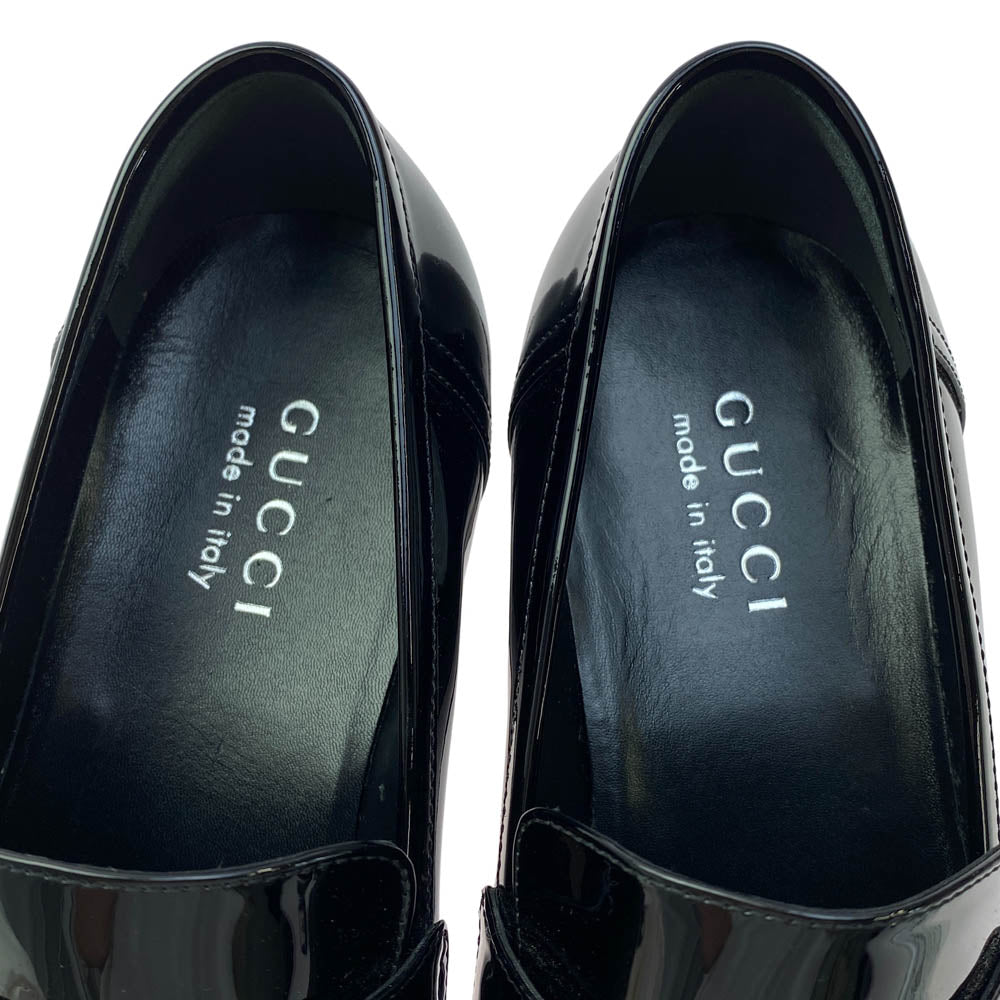 GUCCI グッチ 730134 インターロッキングG エナメル ローファー シューズ ブラック系 7.5【新古品】【未使用】【中古】